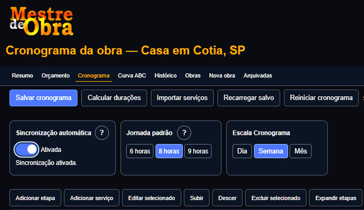 Cronograma de barras sincronizado com orçamento