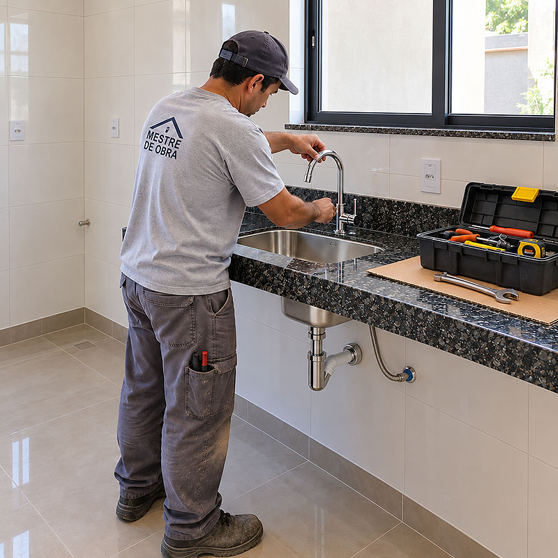 Encanador instalando cuba de inox e metais em bancada de granito na cozinha