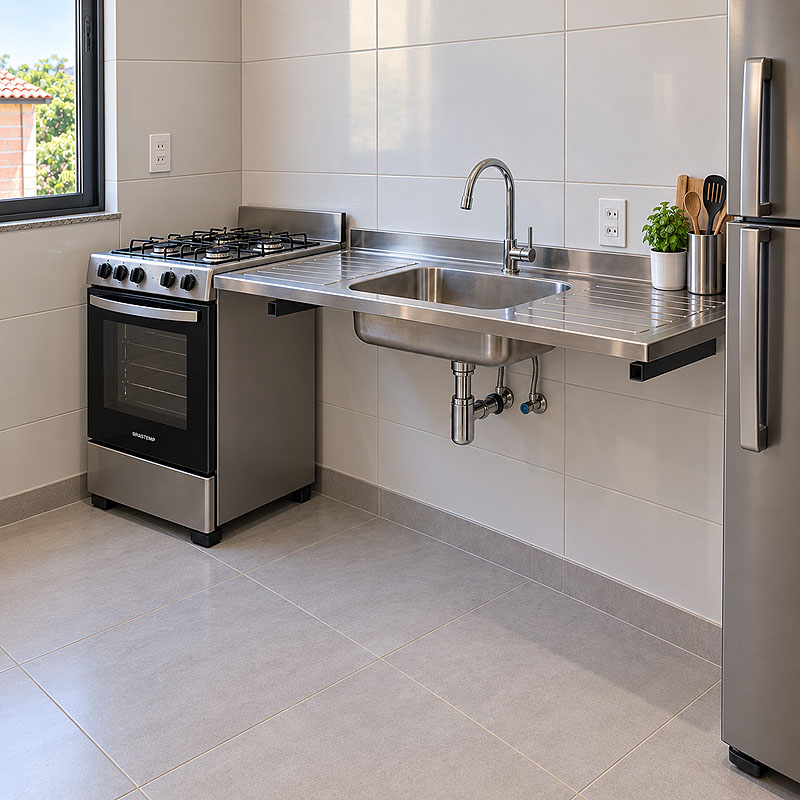 Pia de inox em uma cozinha