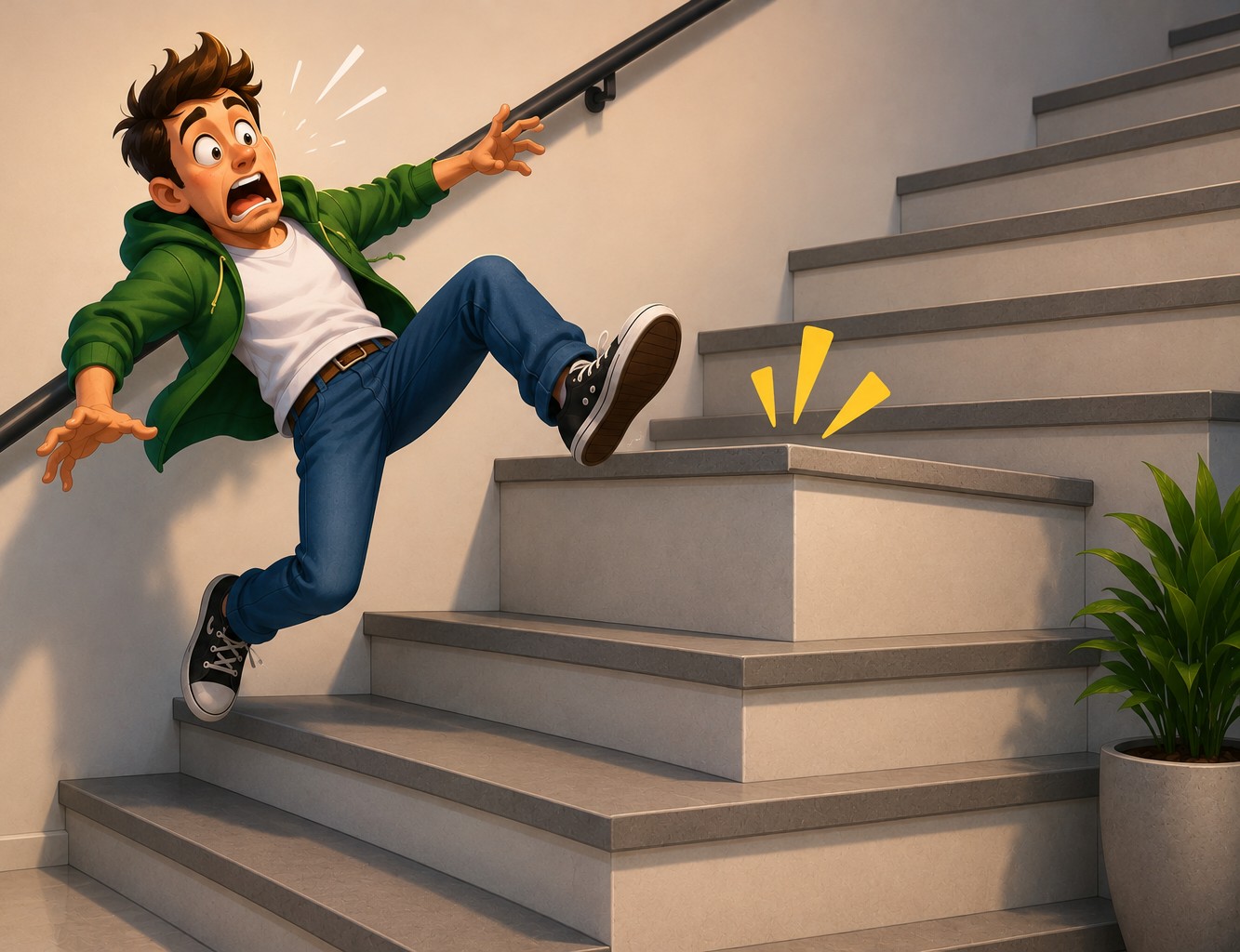 ilustração com uma pessoa tropeçando em degrau com altura maior