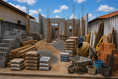 obra com grande quantidade de materiais estocados