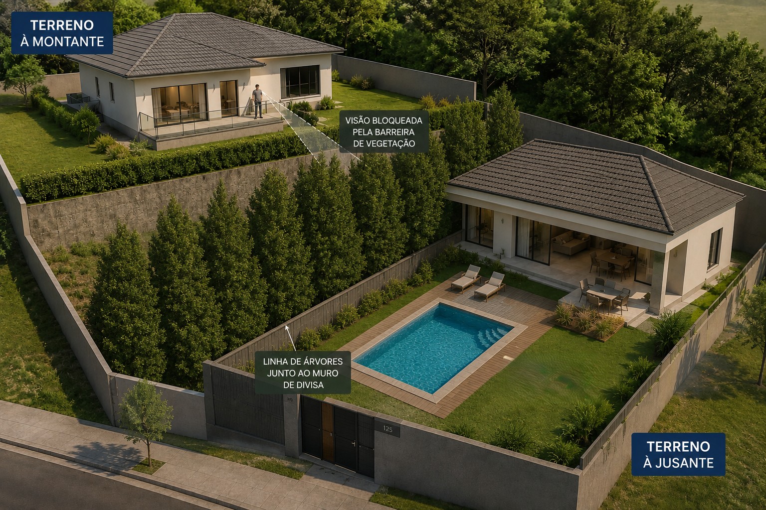 residência em lote a jusante com barreira visual formada por cerca viva