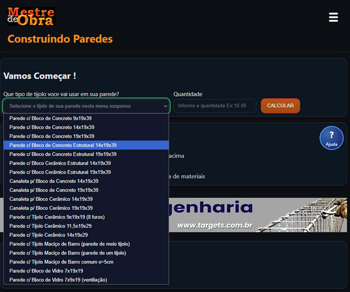 Imagem da pagina Alvenaria.php selecionando um dos serviços no menu suspenso