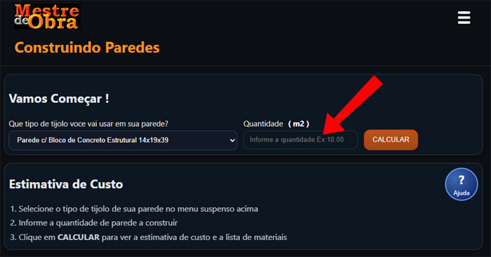 Imagem da pagina Alvenaria.php com destaque ao campo quantidade