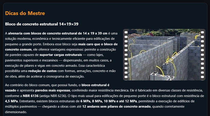 Imagem da pagina Alvenaria.php apresentando as Dicas do Mestre