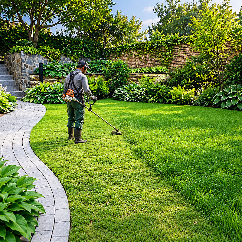 Jardineiro aparando a grama com uma roçadeira