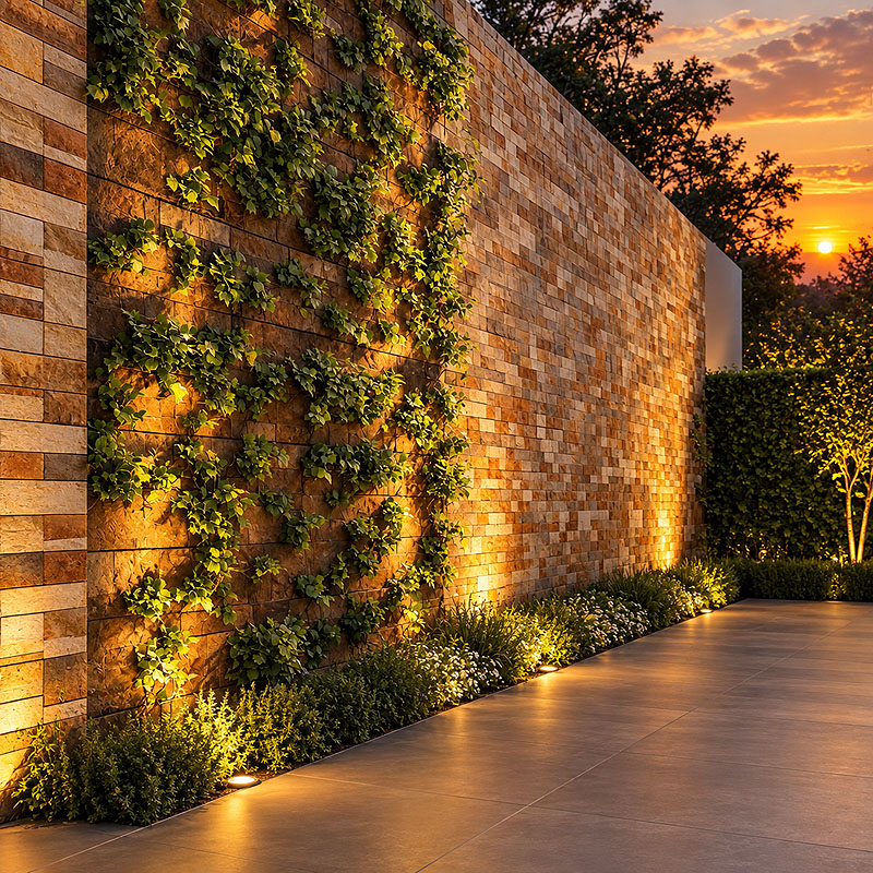 Muro divisório com 4 metros de altura revestido com pedra matural e com jardim vertical