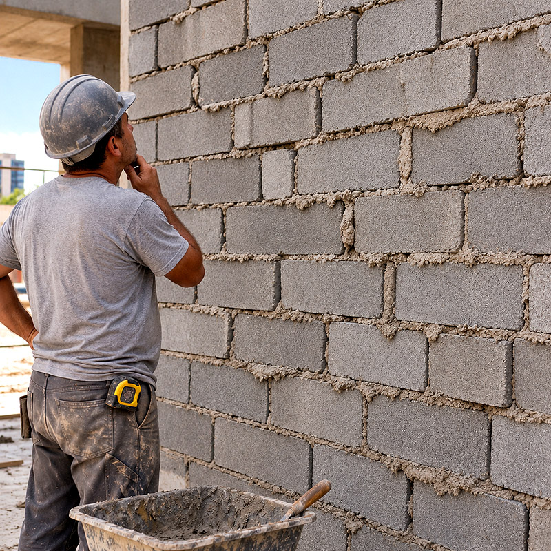 Parede de blocos mal construída, com saliencias de alguns blocos e sem a raspagem das rebarbas da argamassa de assentamento