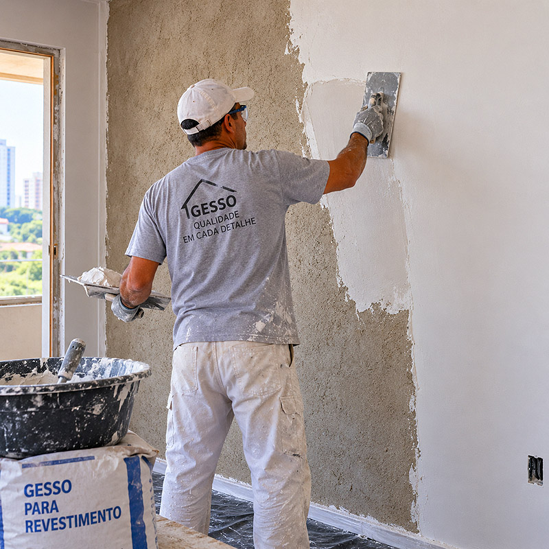 Aplicação de gesso liso sobre parede com emboço